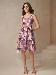 Amorya Floral bedrucktes A-Linien-Strickkleid mit ärmellosem Westen-Design für Frauen Herbst/Winter Frauenkleidung Schulanfang Bescheidene Vintage Old Money Lehrerin Outfits für Frauen Flughafen Schöne Kleidung für Frauen