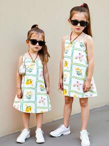 少女休闲花卉印花无袖连衣裙，夏季 - 黑色 - 查看 3