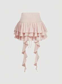 SHEIN MOD 女士系带粉色荷叶边不对称下摆粉色 A 字裙、缎面裙、优雅、度假裙、派对、生日、狂欢节、飘逸、仙女、音乐会、毕业典礼、荷叶边裙、德比裙 - 淺粉色 - 查看 2