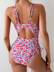 SHEIN Swim 1 pieza Traje de baño de mujer con tirantes de espagueti y estampado floral para vacaciones en la playa, con derechos de autor comprados