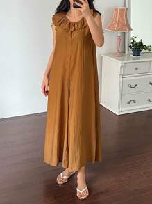 DAZY Simple Style Ruffled Hem A-Line Wide Leg Backless Loose Fit Women's Jumpsuit Loungewear Pajama - Camel - View 2