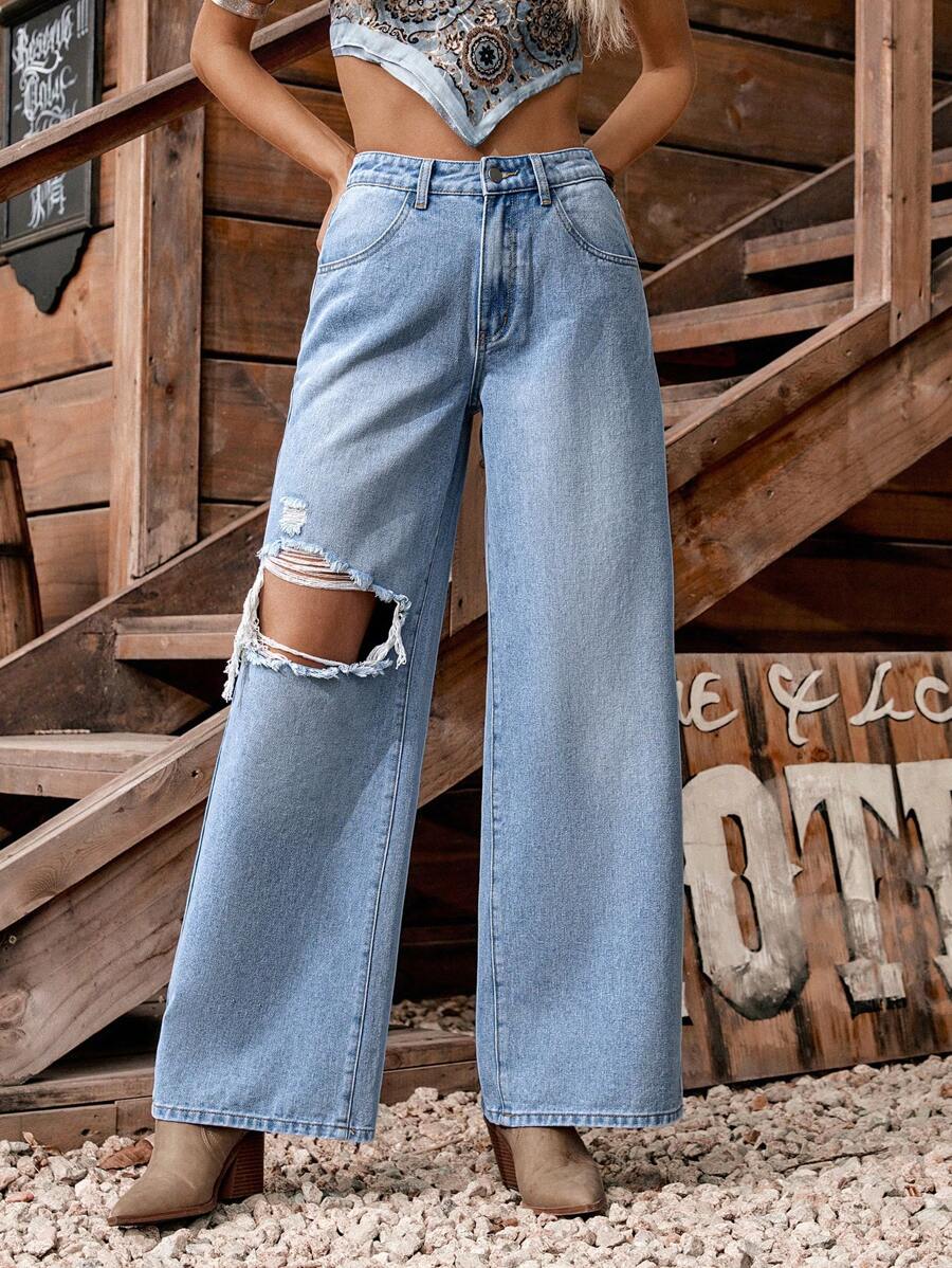 LanaWest Women Distressed Wide Leg Jeans, Fashionable For Summer - Light Wash - View 1