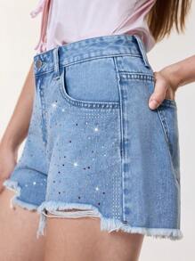 SHEIN Frenchy Shorts de mezclilla desgastados y rasgados de verano informales para mujer - Azul - Ver 7