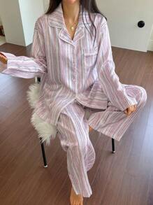 DAZY Striped Print Satin Shiny Loose Pajamas Set - Pink - View 4