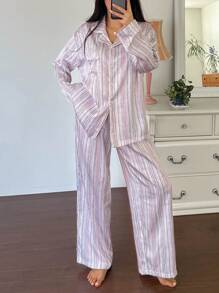DAZY Striped Print Satin Shiny Loose Pajamas Set - Pink - View 5