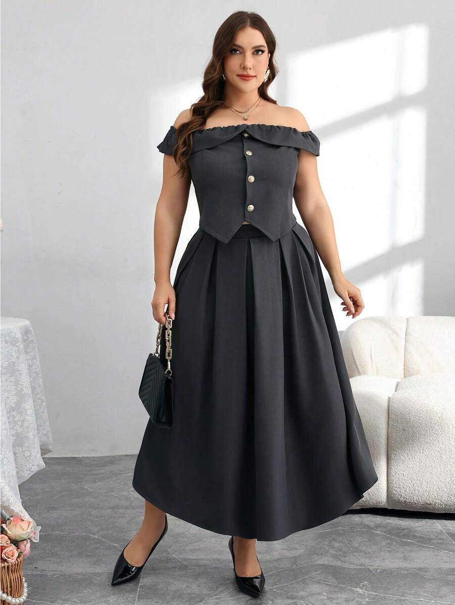 Modelyn Conjunto de 2 piezas de talla grande con hombros descubiertos, estilo romántico para primavera/verano - Gris Oscuro - Ver 1