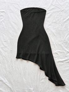 Soleia Bright Orange Tropical Beach Resort Women's Strapless Ruched Flounce Hem Starfish Decor Mini Beach Dress Black Summer Dress Black Vacation Dress Black Beach Dress Black Swimsuit Cover Up Black Beach Cover Up