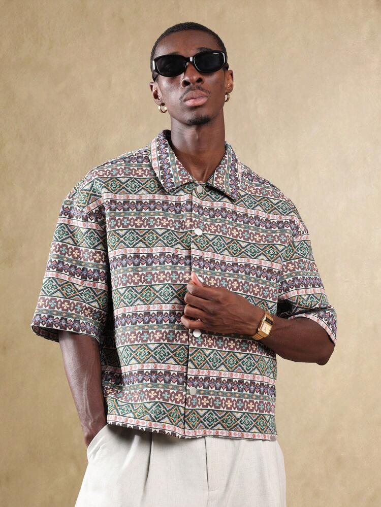 Tapestry Print Short Sleeve Button Down Oversized Vintage Aesthetic Men Shirts