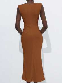 Aveloria Modichic Elegant & Chic Round Neck Cap Sleeve Design Waist Ruched Slit Long Dress For Commuting - Coffee Brown - View 2