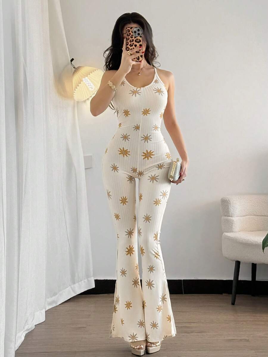 Women's Allover Printed Sexy Elastic Tight Unitard Jumpsuit Vacation, One-Piece Outfit - Beige - View 1