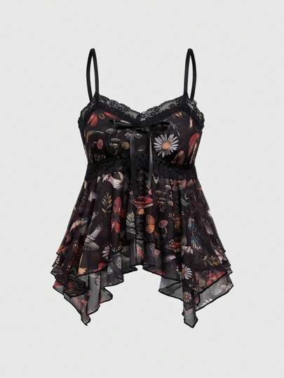 Fairycore Women's Vintage Floral Mushroom Fairy Print Mesh Contrast Lace Hem Asymmetrical Camisole