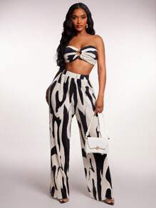 Radiana 2 件套抽象笔触印花褶饰纹理系带抹胸上衣和高腰阔腿裤，休闲度假、约会、街头、通勤、春夏