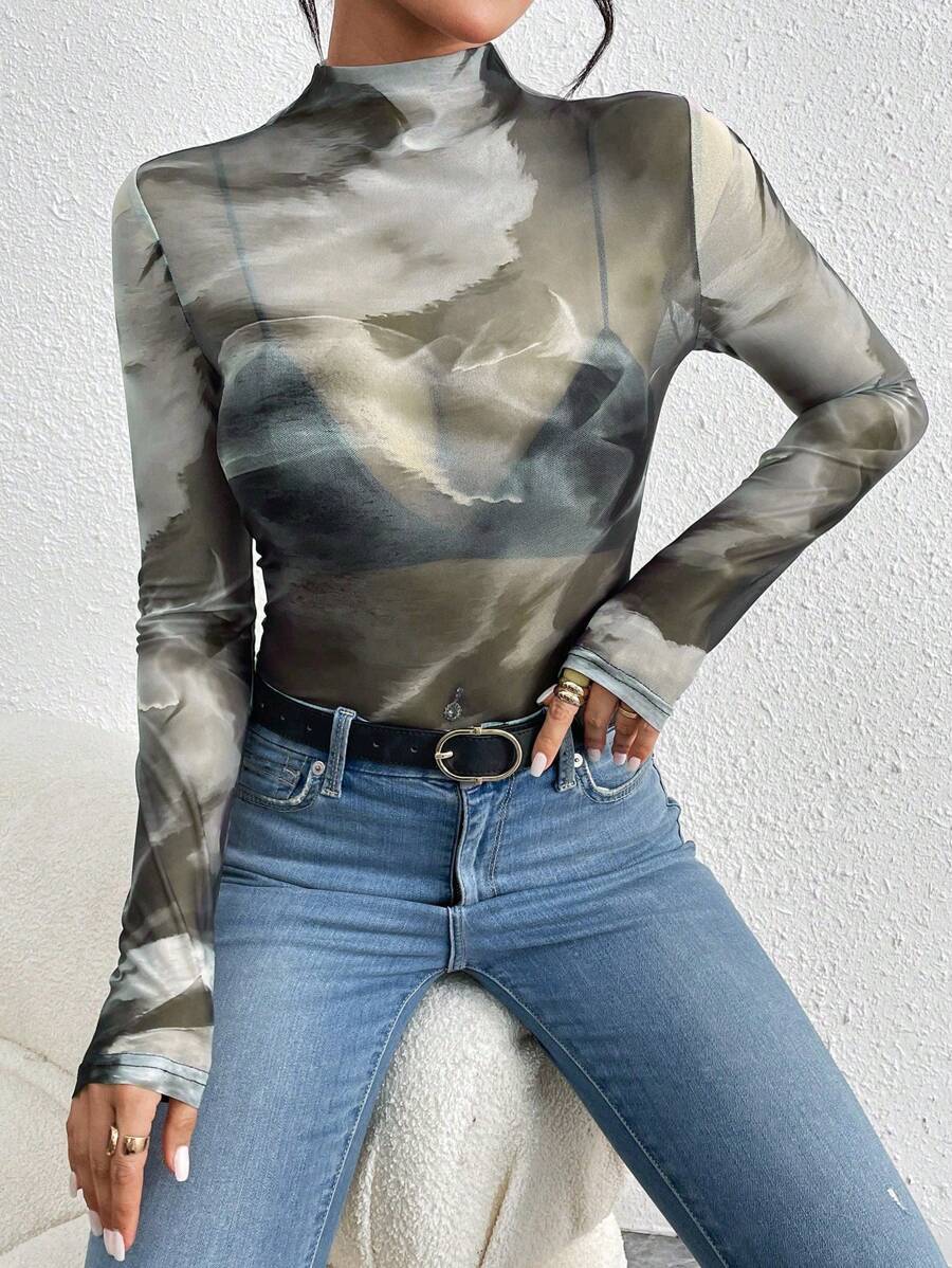 Zolique 1 Pieza Camiseta De Malla Con Diseño De Teñido - Negro - Ver 1