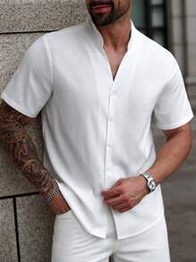 Manfinity CasualCool Camisa casual de manga corta de un solo abotonadura y unicolor para hombre de talla grande para el verano - Blanco - Ver 4