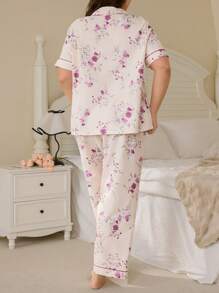 CottageSlumber 花卉印花褶皱领口口袋设计大码女式睡衣套装 - 杏色 - 查看 2