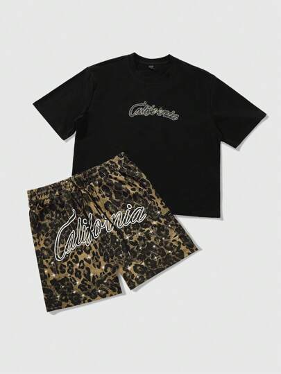 Street Life 2pcs/Set Men's Anime Print Short Sleeve T-Shirt And Shorts Outfit, Suitable For Daily Wear Spring/Summer