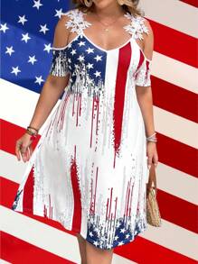 SHEIN LUNE Plus Size Star & Stripe American Flag Pattern Lace Trim Short Sleeve Dress, Spring/Summer - White - View 5