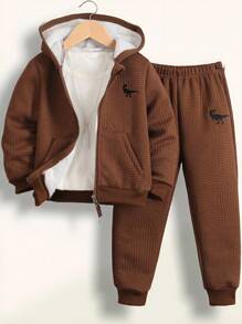 SHEIN Casuvi Kids 男童 2 件套 男童可爱卡通恐龙刺绣拉链连帽夹克和裤子，冬季