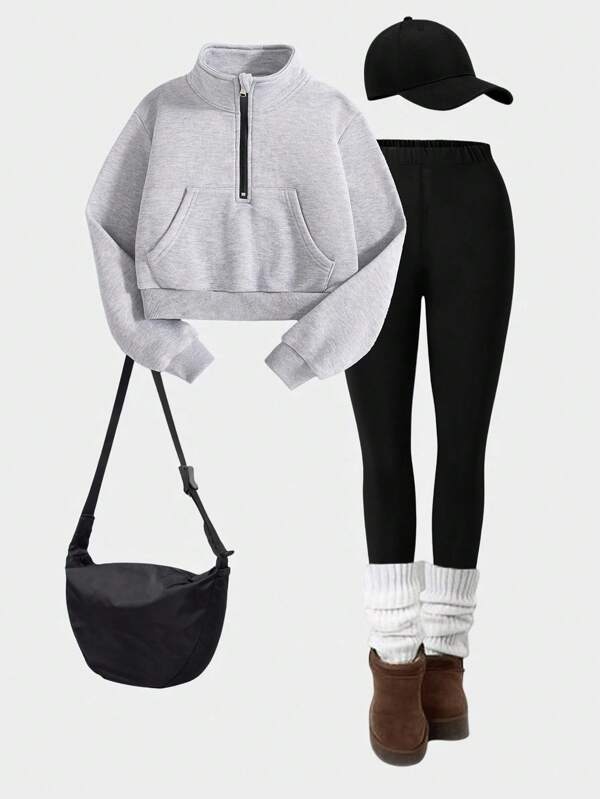 SHEIN Tween Girl Zip-Up Contrast Color Collar, Cuff & Hem Ribbed Sweatsuit