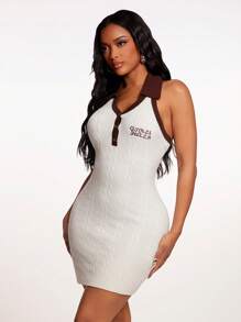 SHEIN SXY 全新夏季休闲性感简约马球领挂脖修身连衣裙针织毛衣女装 - 杏色 - 查看 5