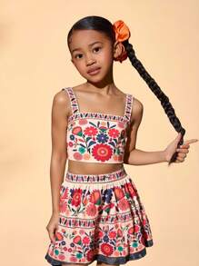 SHEIN 年轻女孩夏季可爱花卉印花细肩带吊带背心和松紧腰裙套装