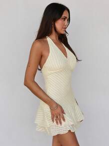 Roylia Women's Elegant, Stylish V-Neck Sleeveless Ruffle Hem Bodycon Mini Dress - Apricot - View 4