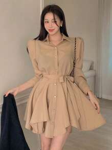 DAZY Vestido casual corto de manga larga con cuello, de unicolor, para mujer, vestido de otoño - Caqui - Ver 2