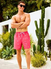 Manfinity Men's Flamingo Print Drawstring Waist Loose Beach Shorts, Hawaiian