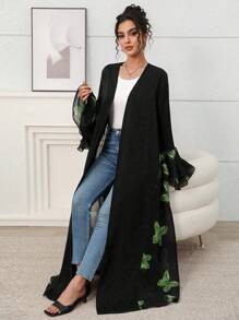 Yasmyna 女式花卉印花阿拉伯罩衫，喇叭袖，前开襟，朴素长袍，阿巴雅 - 綠色 - 查看 5