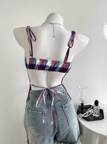 Lunelith SHEIN Lunessa Vintage karrierter Kontrast-Spitzen-Schleife gebundenes Spaghettitop für Frauen