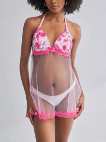 Camiseta de maternidad con triángulo de copa transparente y románico floral, copa plegable con encaje y parches en rosa, adecuada para el embarazo, la lactancia, las vacaciones y sesiones fotográficas