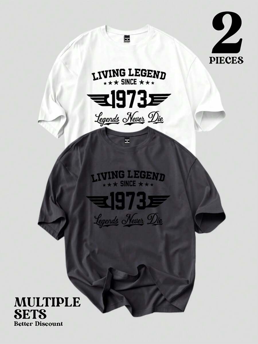 Manfinity Homme 2 件男士休闲街头时尚字母印花落肩宽松 T 恤，夏季男士复古 T 恤 - 灰色 - 查看 1