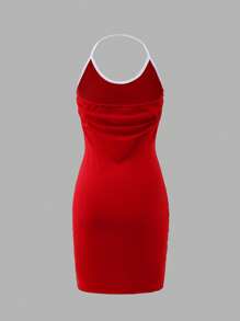 SHEIN Explorewe Teen Girl One Piece Red Letter Print Sporty Spaghetti Strap Mini Dress, American Style Color Blocking Snug Fit