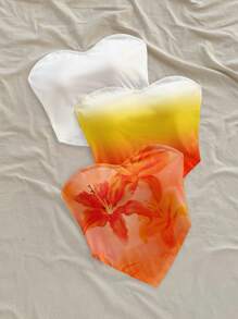 Soleia Casual Vacation Style Tie-Dye Tie Dye Lily Pattern, Orange & Yellow Tie Dye, White Solid Color, Asymmetrical Hem Bandeau Top, Vintage Retro Style, Casual Vacation Style, Sexy, Cute, Y2K, Coconut Girl, Boho, Vacation, Spring Break, Brunch-Ready, Baby Blue, Girls Trip, Neon Beach Vibes, Bohemian, Hippie, Music Festival, Suitable For Summer - Multicolor - View 3