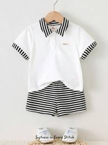 Cozy Pixies 2pcs/Set Baby Boy Striped Collar Short Sleeve Cardigan & Elastic Waist Shorts Set - Multicolor - View 3