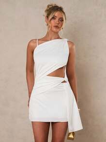 Glamine Vestido blanco asimétrico con corte y fruncido, atuendo para citas, vestidos de verano para mujer, vestidos cortos de verano para mujer, vestido casual de mujer, ropa de verano para mujer, vestidos de verano para mujer, atuendos de verano para mujer, vestido blanco, vestido de graduación, atuendos de vacaciones para mujer, vestido de invitada de boda para mujer - Blanco - Ver 5