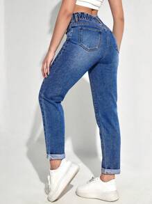 SHEIN PETITE 女士休闲日常口袋纽扣牛仔裤 - 藍色 - 查看 2