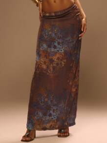 MUSERA Low Rise Chiffon Print Loose Fit Maxi Skirt Only Summer Vacation Ibiza Elegant Ibiza Cute Beach Festival Rave Boho Beachwear Holiday SUMMER Myrrh - Multicolor - View 2