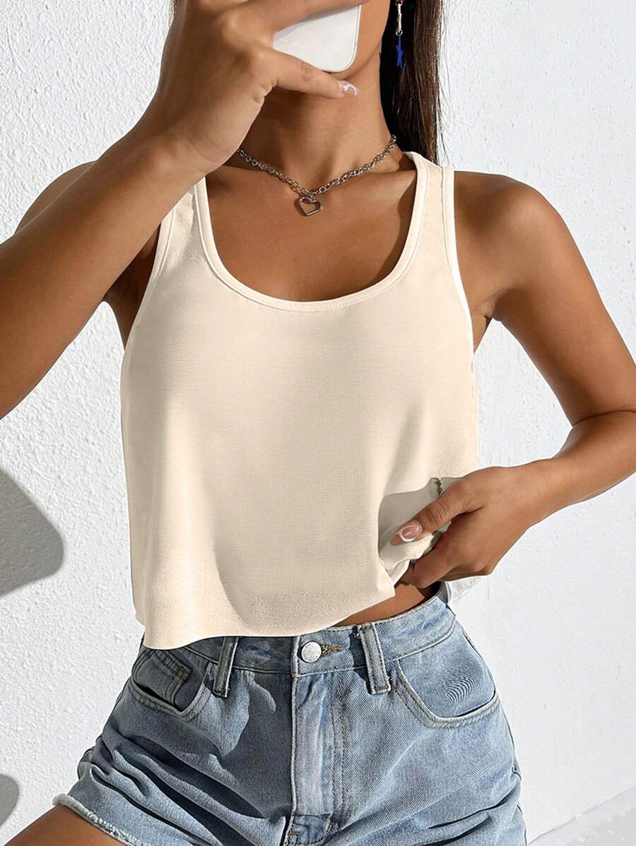 SHEIN EZwear Áo hai dây dáng rộng màu mơ cho nữ, cổ chữ U rộng, thích hợp cho mùa hè - Màu be - Xem 1