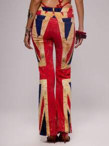 MUSERA Low Rise Asymmetric Waist Fitted Flare Union Jack Trouser Spring, Summer, Holiday, Festival, Rave, Grunge, Cool Girl, Y2K