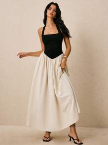 Poéselle 黑白撞色连衣裙，露背连衣裙，长裙，节日连衣裙，1 件女士露背撞色连衣裙，优雅无袖，适合日常穿着、外出、通勤、度假、约会等场合 - 彩色 - 查看 3