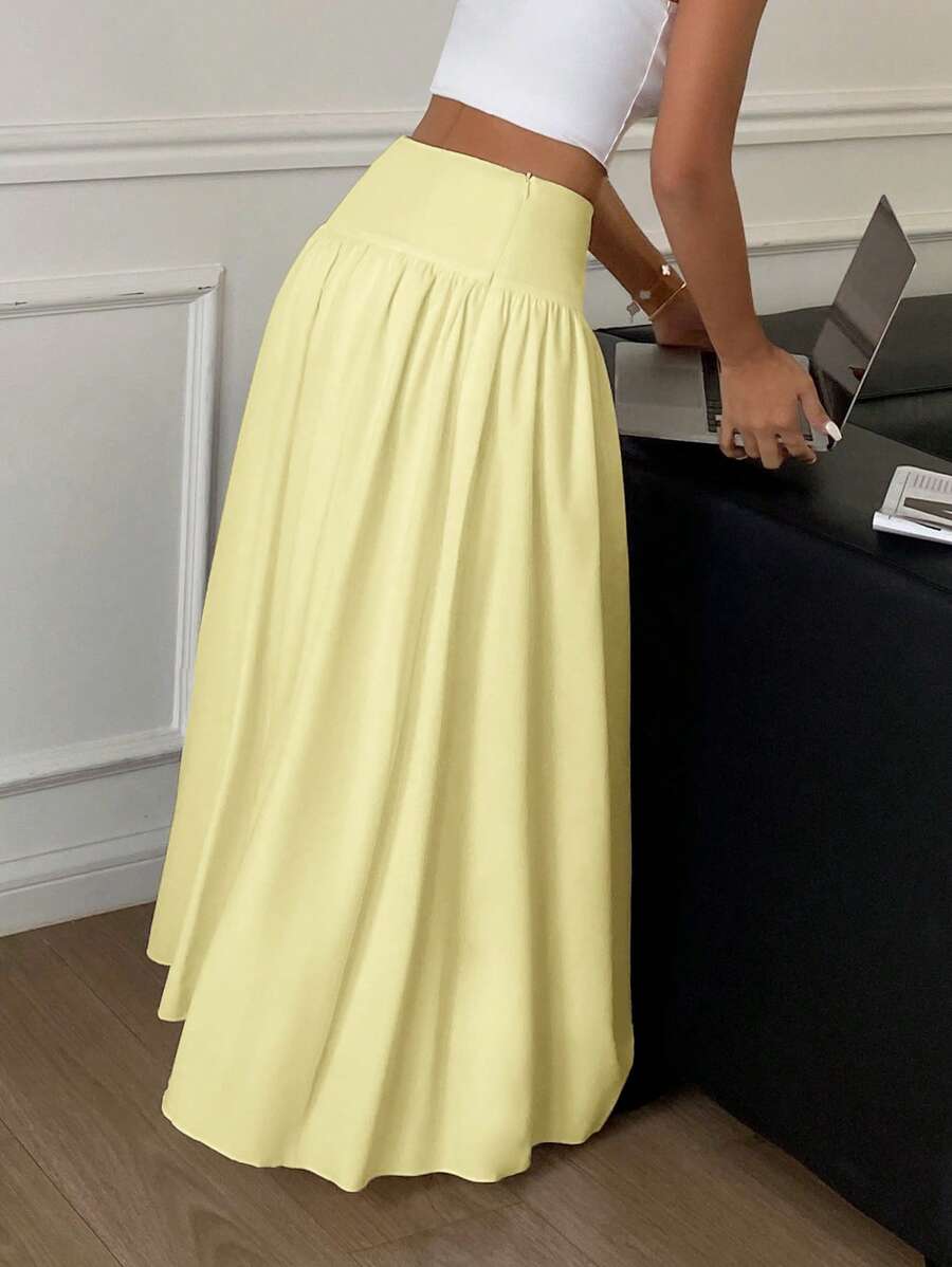 Serisse Women's Plain Zip Up Gathered Casual Yellow Skirt, Summer Winter Spring