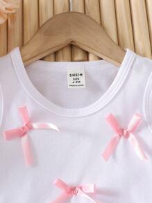 SHEIN Vintaside Kids 女宝宝2022夏季新款蝴蝶结拼接设计无袖背心+粉色格子长裤套装，增加甜美感 - 白色 - 查看 6