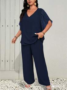 EMERY ROSE 两件套加大码优雅镂空荷叶袖拼接宽松上衣和直筒休闲裤，度假装女装夏季服装加大码女装正式休闲套装女装 - 藏蓝色 - 查看 5