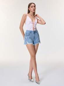 SHEIN Frenchy Shorts de mezclilla desgastados y rasgados de verano informales para mujer - Azul - Ver 4