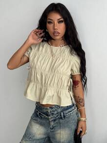 Coolane Women's Spring Summer Y2K Fashion Date Night Music Festival Concert Pleated Ruched Lace Up Split Side White Crew Neck Short Sleeve Blouses