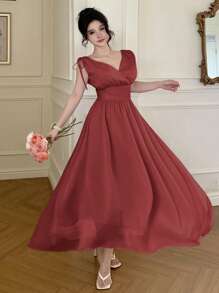 xheDAZY Vestido casual elegante de estilo coreano con cuello en V, cintura fruncida y sin mangas, para verano y vuelta al colegioxhe - Burdeos - Ver 4