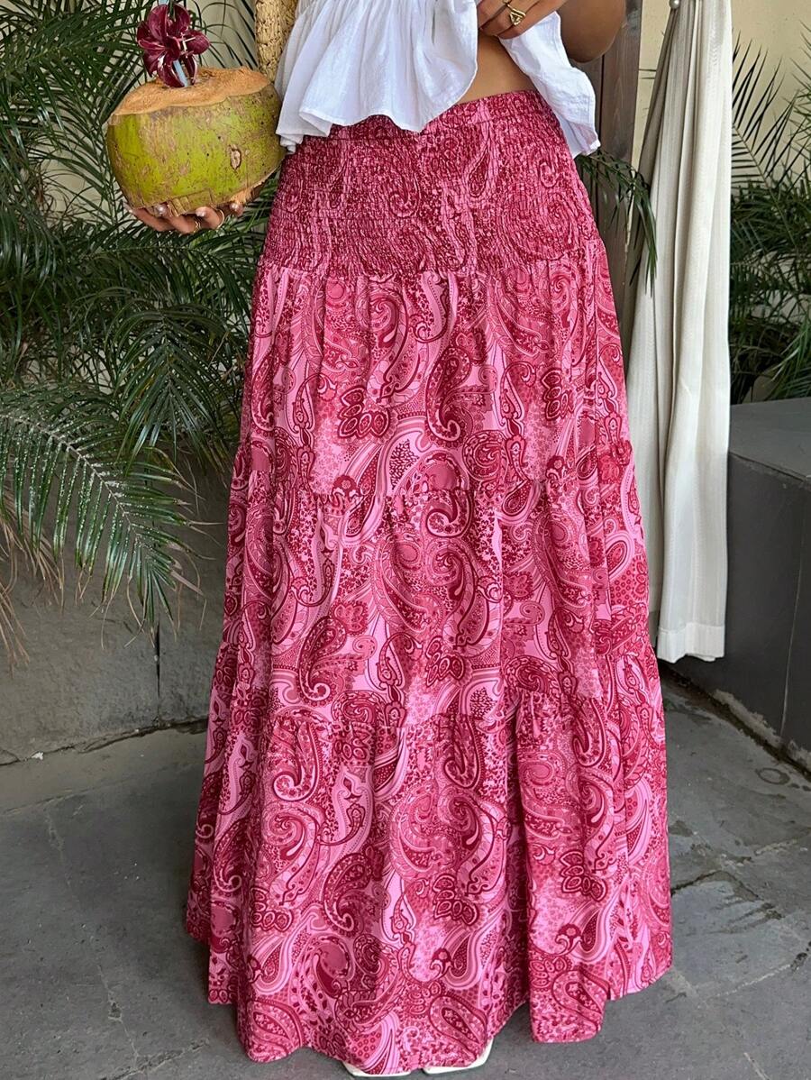 Sunnyshic 女式春夏波西米亚风印花松紧腰长裙，休闲日常穿着 - 中紫紅色 - 查看 1