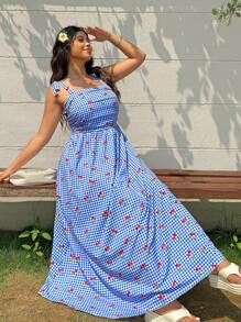 SHEIN EZwear Plus Size Women Cherry Print Plaid Pleated Pockets Casual Holiday Strap Dress