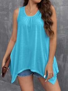 SHEIN LUNE Áo ba lỗ cổ tròn nhún bèo cho nữ cỡ lớn thường ngày viền bất đối xứng - Màu xanh bạc hà - Xem 5